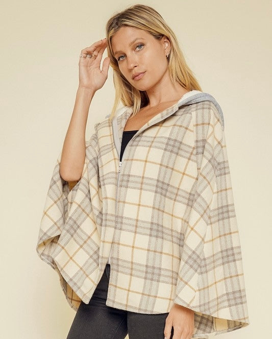 Cream Plaid Soft Hoodie Flannel Zipper Front Poncho