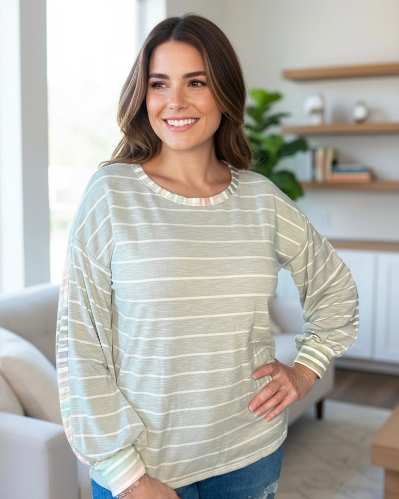 Mint Sage Green Multi Stripe Color Block Crew Neck Long Sleeve Top