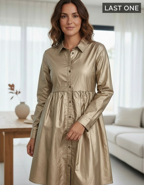 Solid Gold Metallic Pleather Long Sleeve Button Down Dress