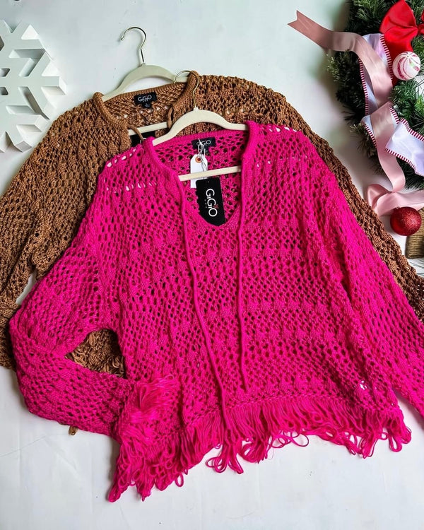 Pink or Brown Hollowed Long Sleeve Tie Neck Fringe Knit Sweater Top