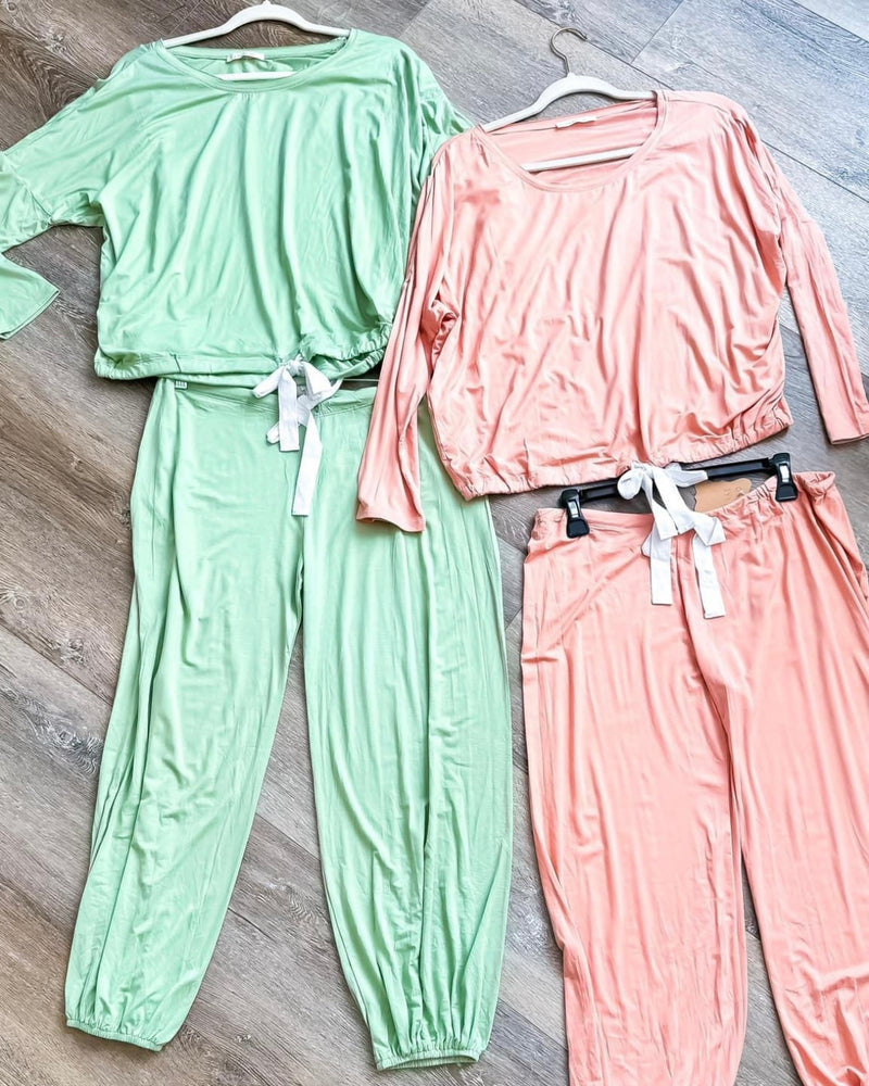 2 Piece Pink, Lilac or Green Pant Lounge PJ pajama Set with Long Sleeve Crew Neck Top