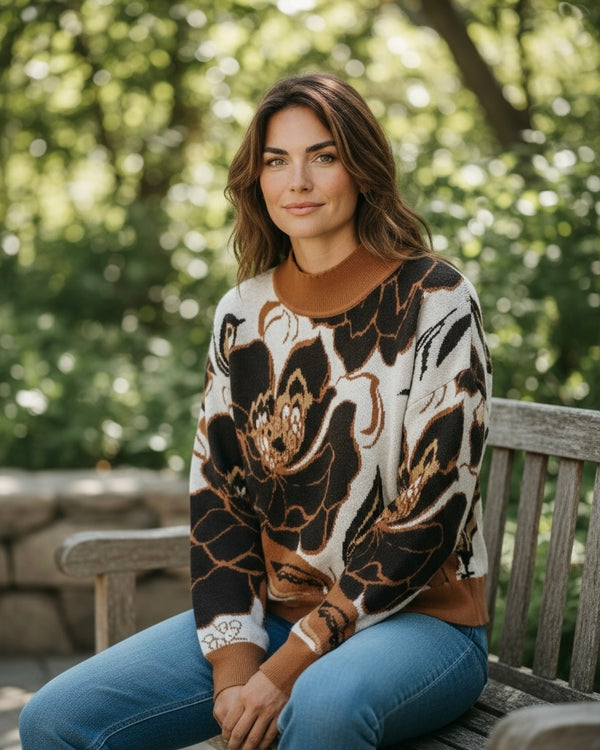 Brown & Black Floral Print Long Sleeve Knit Sweater Top