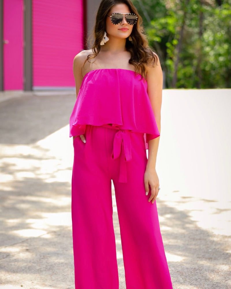 Hot Pink Lightweight Strapless Sleeveless Ruffle Front Pant Jumpsuit