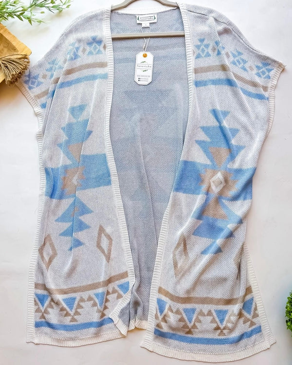 White w/Blue & Tan Lightweight Southwest Aztec Print Open Front Short Sleeve Cardigan