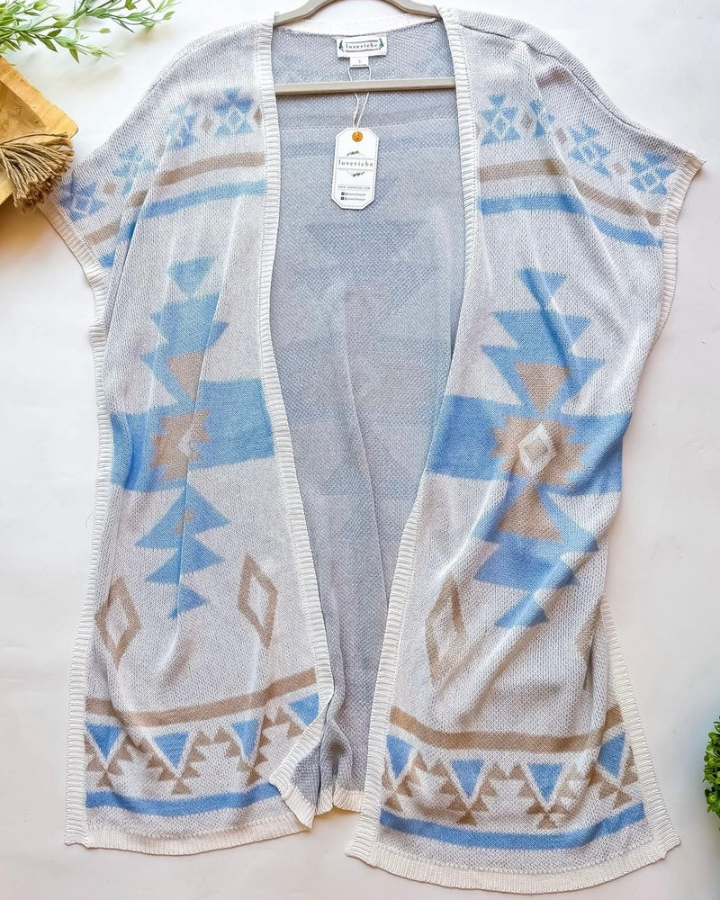 White w/Blue & Tan Lightweight Southwest Aztec Print Open Front Short Sleeve Cardigan