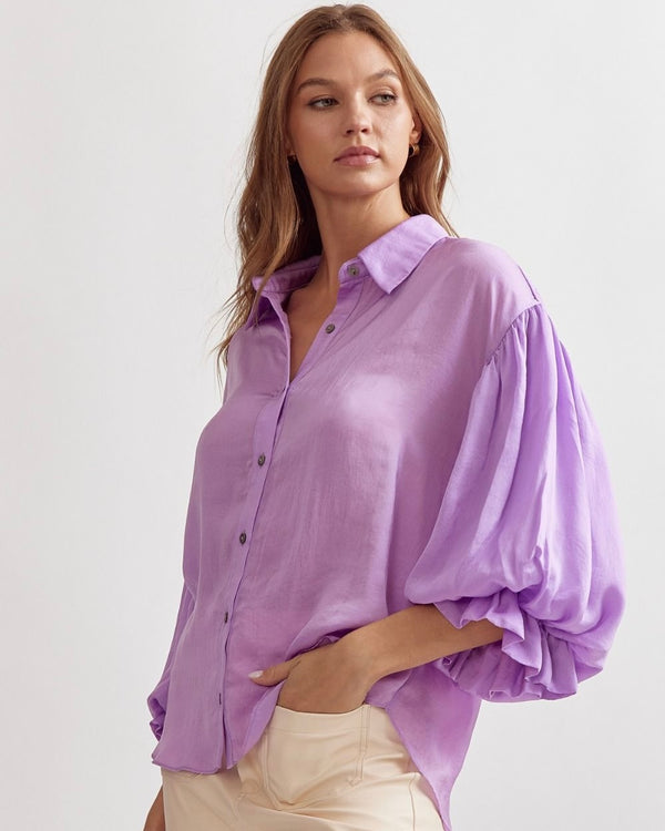 Satin Pink, Lilac or Tangerine Button Down Collared Bubble 3/4 Sleeve Blouse Top