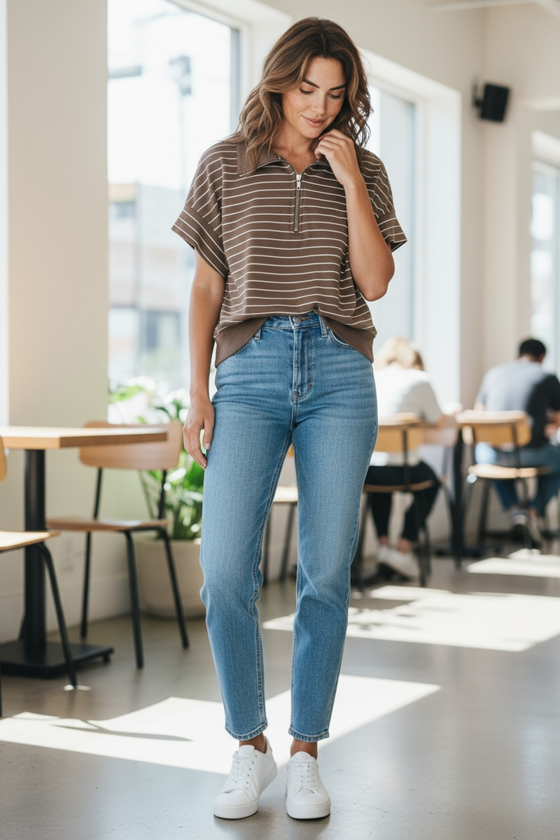 Brown, Gray or Black Stripe Pullover Zip Neck Short Sleeve Top