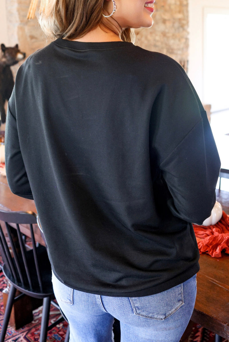 Black Multicolor Chenille Patch “Thanks” Long Sleeve Sweatshirt Top