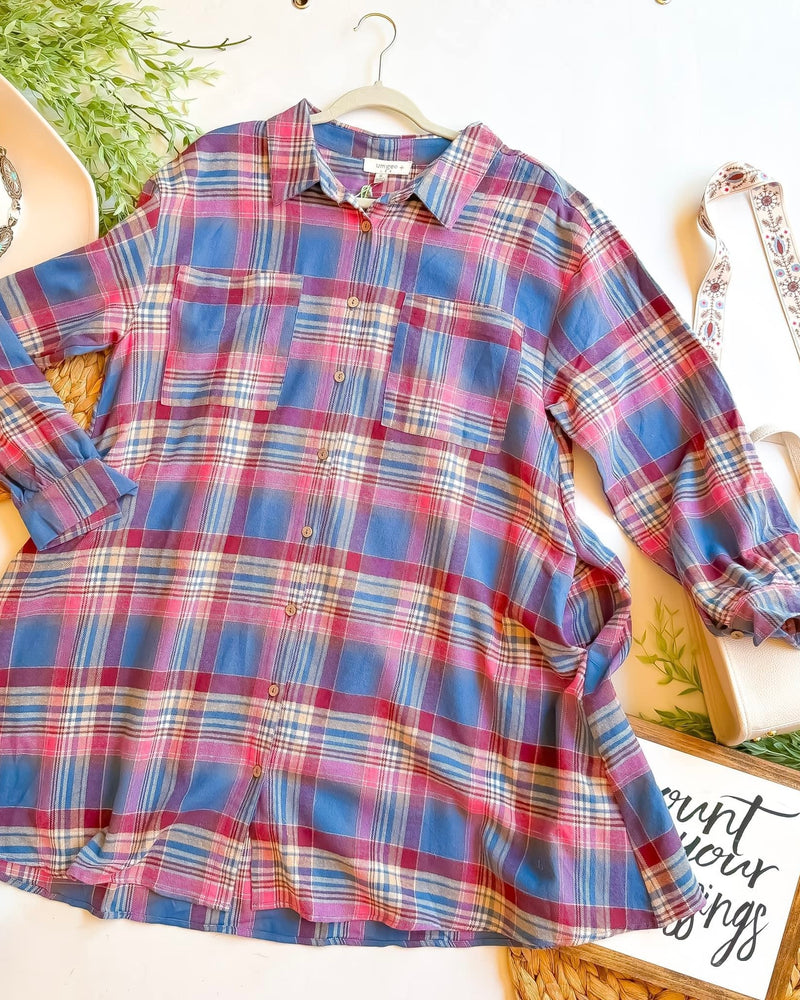 Plus Size Blue & Purple Plaid Button Down Long Sleeve Tunic Dress