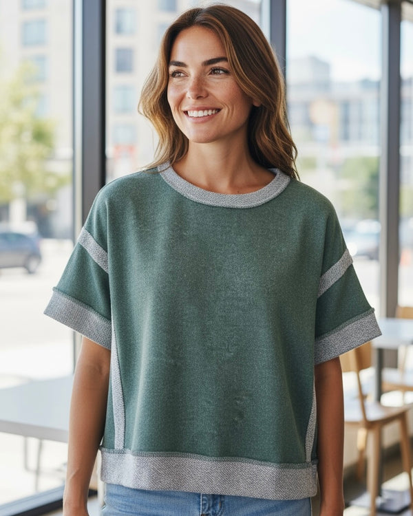 Green, Red or Black Short Sleeve Contrast Fabric Sweatshirt Top