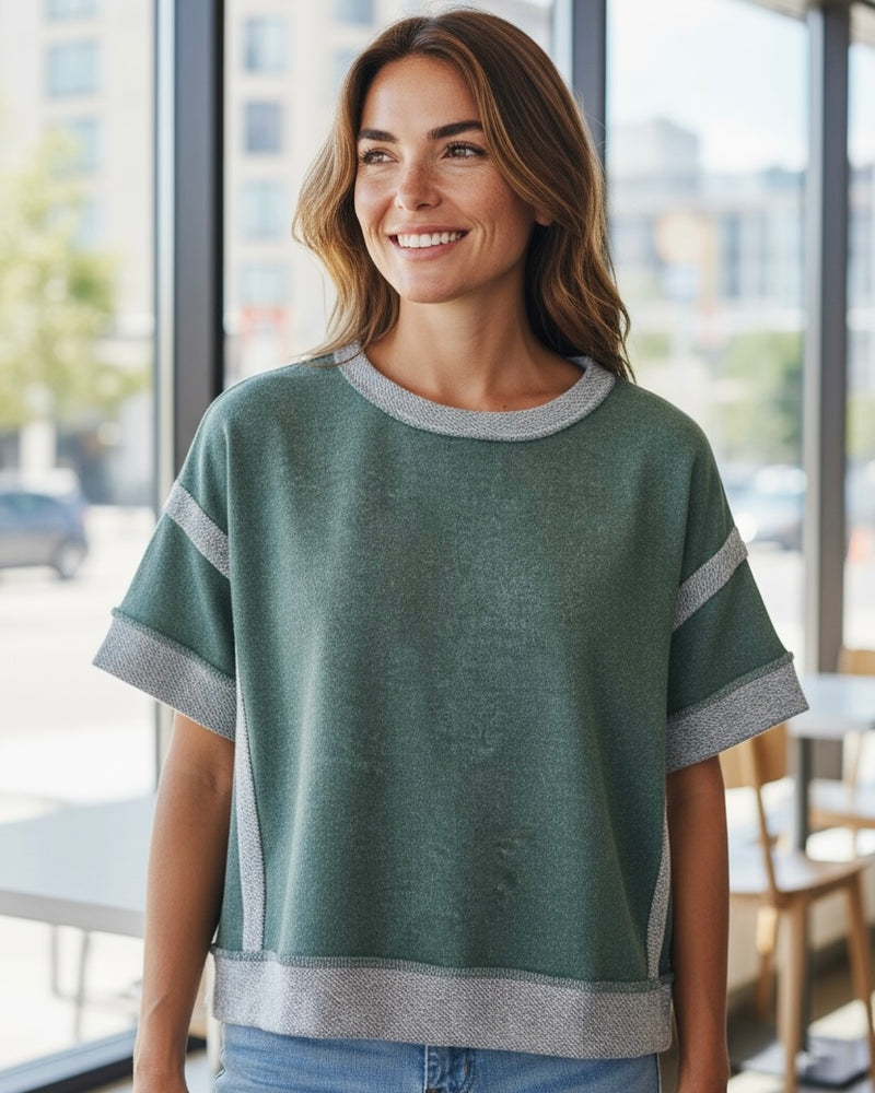 Green, Red or Black Short Sleeve Contrast Fabric Sweatshirt Top