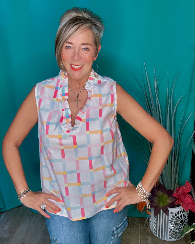 Pastel Plaid on White Ruffle Open VNeck Sleeveless Cotton Tank Top