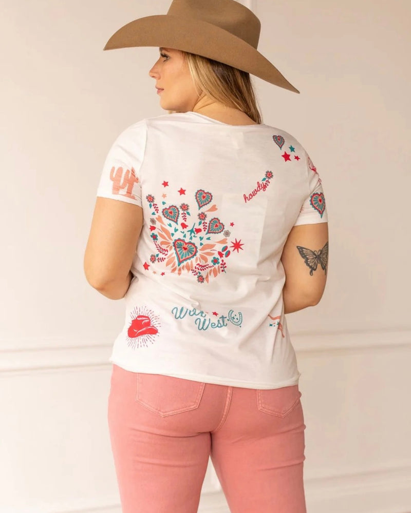 White Wild West T-Shirt Top with Western Cowgirl Flare Hearts