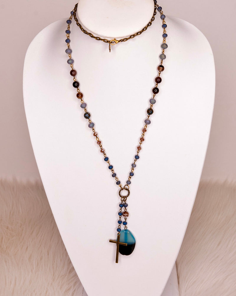 Double Strand Blue and Neutral Tone Long Beaded Cross Pendant Necklace