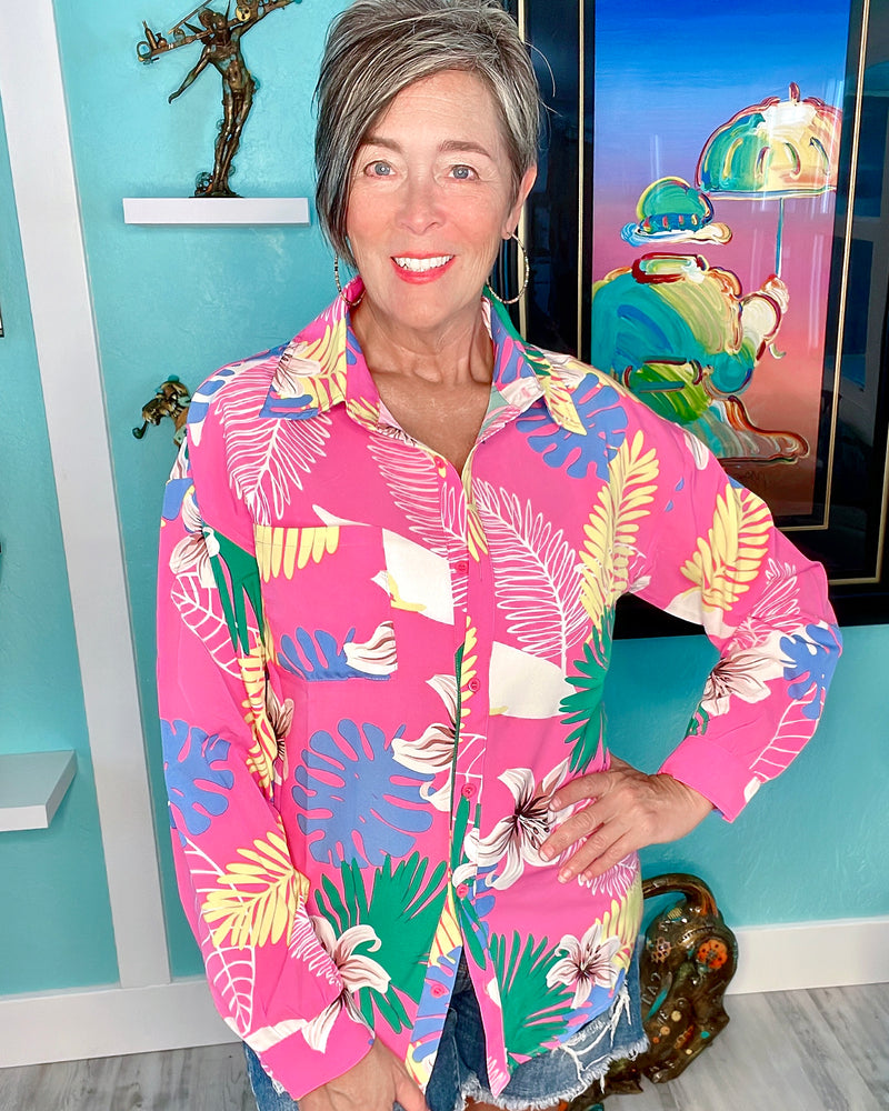 Pink Multicolor Tropical Leaf Trip to the Keys Button Up Long Sleeve Top