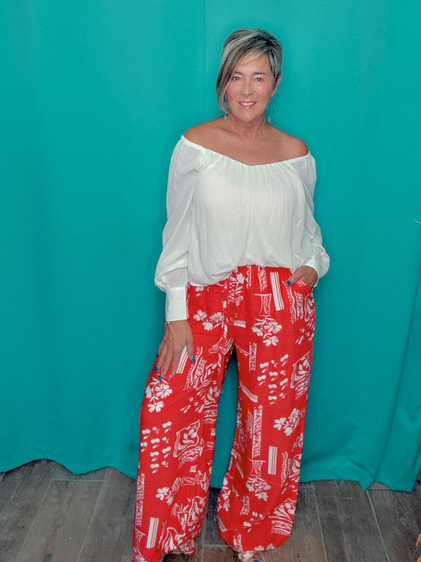 Red & White Tropical Cherry Wide Leg Elastic Waist Pant
