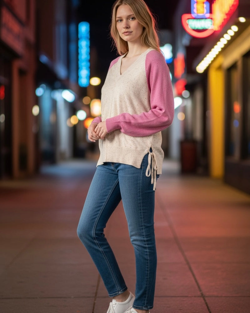 Pink & Cream Confetti Print VNeck Long Sleeve Side Tie Sweater Top