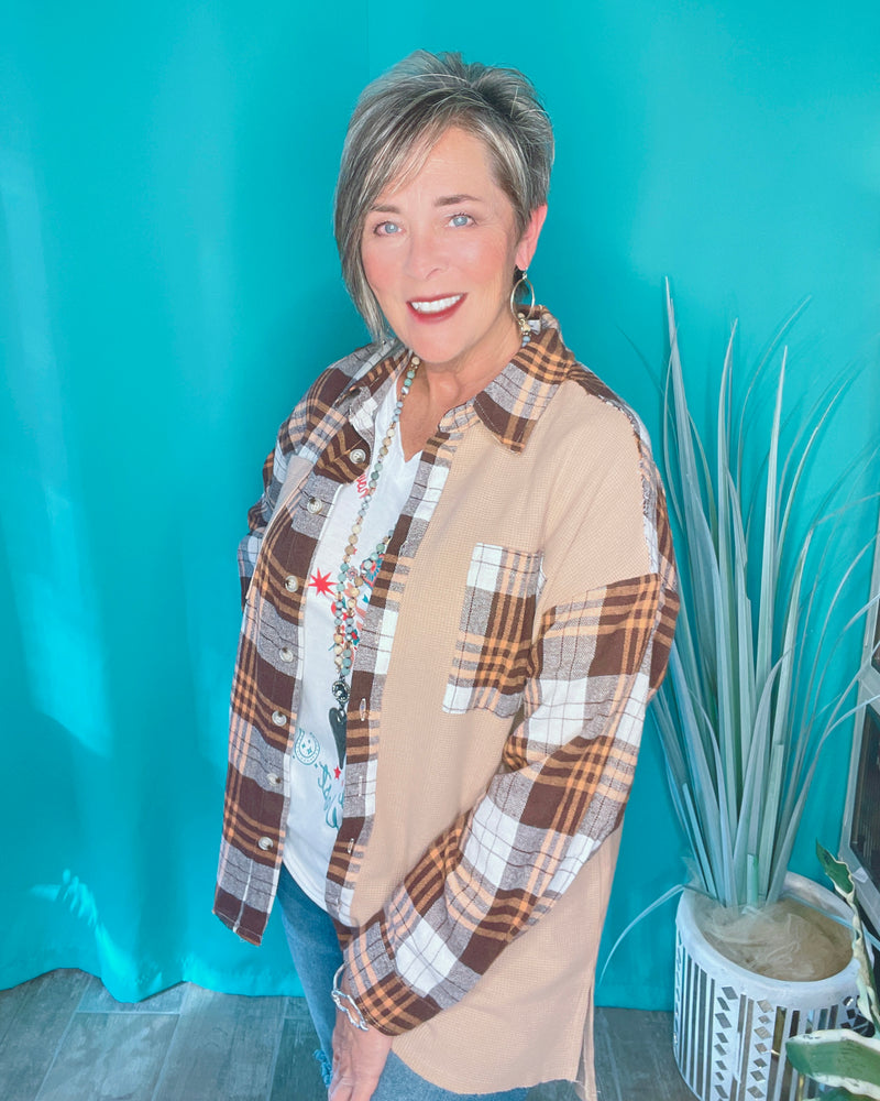 Khaki Tan Thermal Knit w/Brown Plaid Patchwork Block Long Sleeve Top