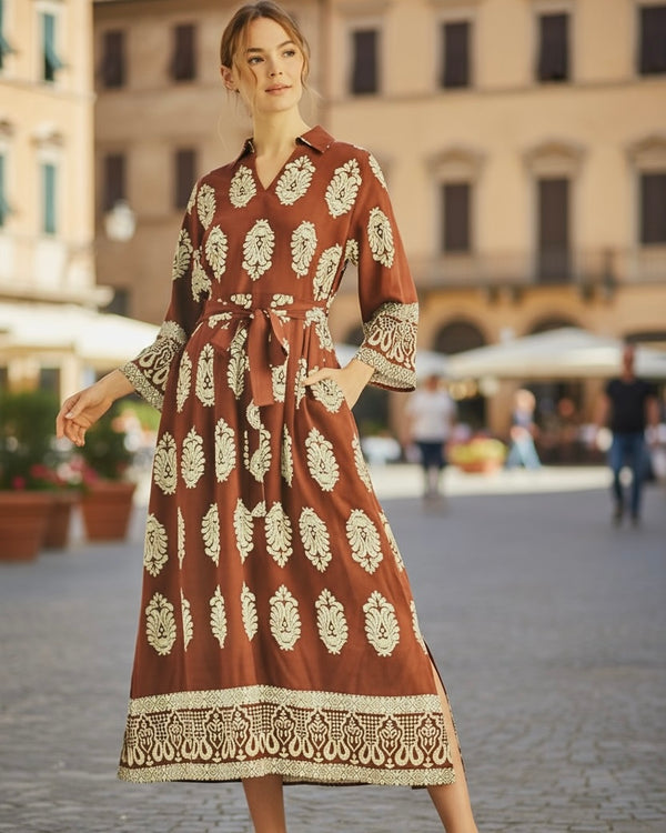 Terra Cotta & White Damask Contrast Print Long Sleeve Belted Midi Dress