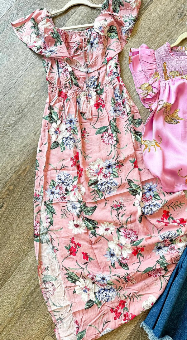 Pink Tropical Floral On/Off Shoulder Maxi Ruffle SunDress