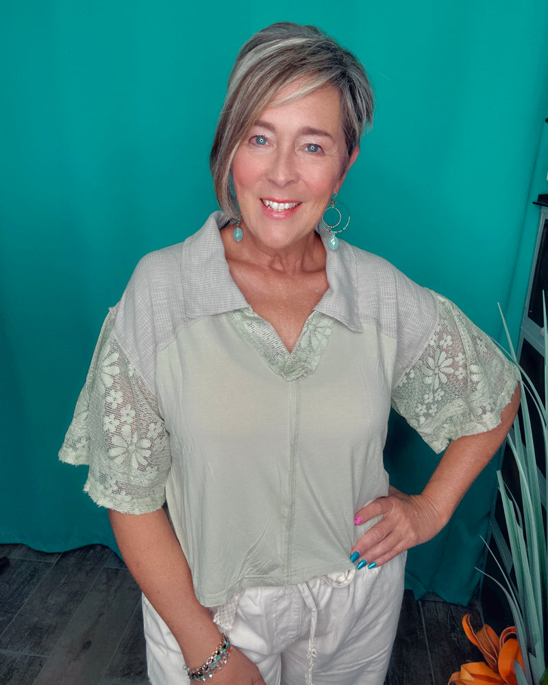 Pistachio Sage Green Ruffle Half Sleeve VNeck Collar Lace Crochet Mix Top