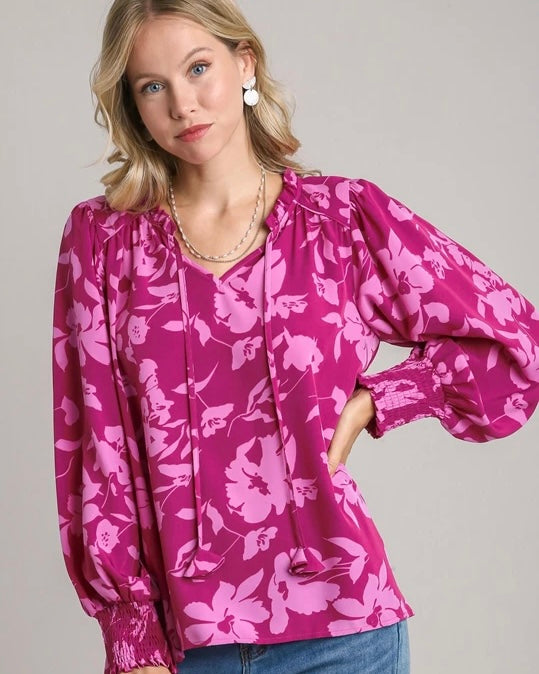 Plus Size Magenta Berry Mix Floral Print Long Sleeve Smock Ruffle Open Tie Neck Top