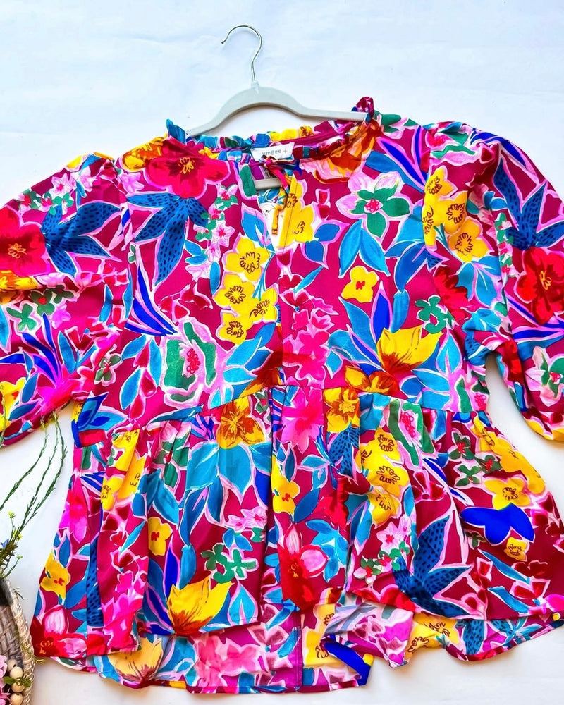 Plus Size Pink Multicolor Floral Print Split Tie Neck Babydoll Puff Sleeve Top