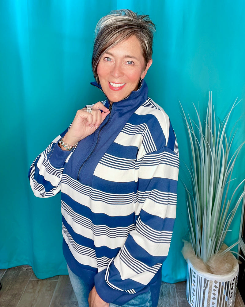 Brown & White or Blue & White Bold Stripe Pullover Zip Neck Long Sleeve Top