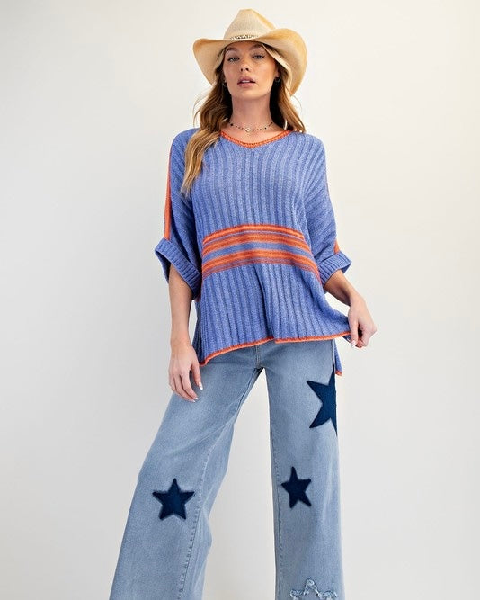 Blue or Orange 3/4 Sleeve VNeck Ribbed Sweater Knit Top