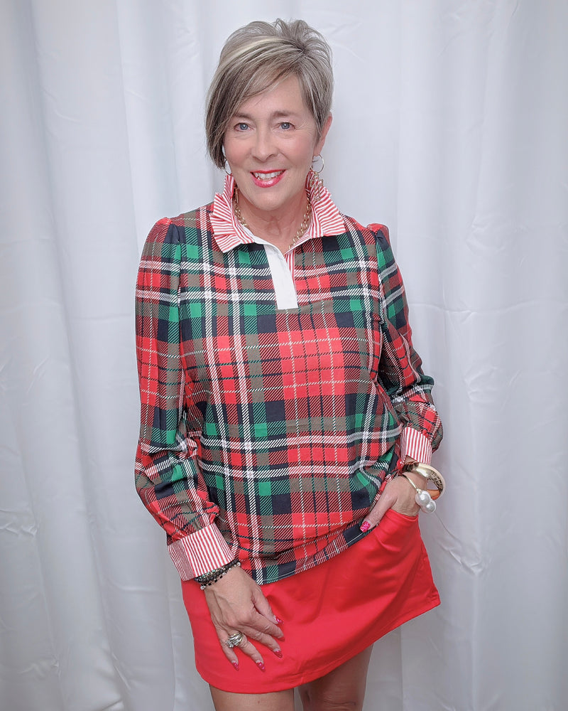 Red, White & Black Plaid Long Sleeve Contrast Stripe Ruffle Neck Blouse Top