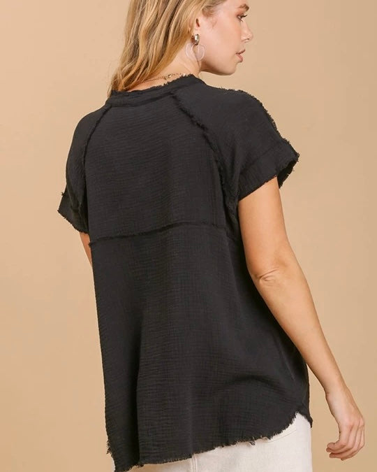 Plus Size Black Gauze Star Stitched Short Sleeve Button Down Top