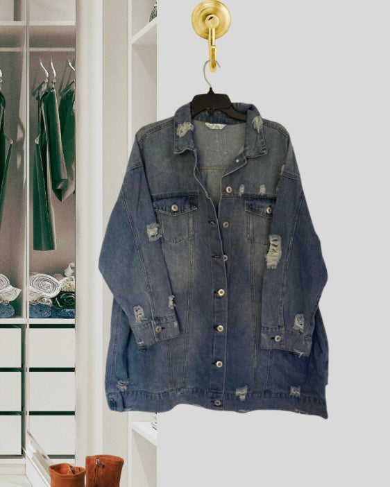 Plus Size Medium Blue Wash Long Sleeve Distressed Pocket Blue Jean Denim Jacket