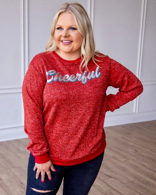 Red Sweater with "Cheerful" Across the Front Long Sleeve Festive Top