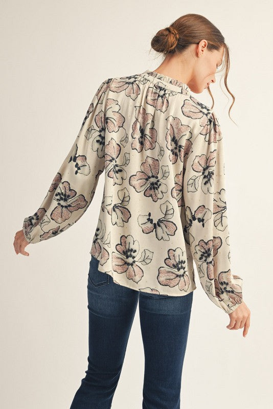 Black & Cream Large Floral Print Long Sleeve Tie Neck Peasant Blouse Top