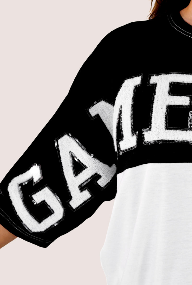 Huddle Up Color Block "Game Day” Chenille Patch 3/4 Sleeve Pullover Top
