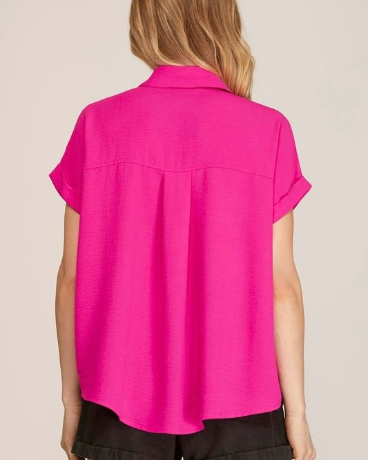 Pink, Beige or Teal Drop Shoulder Short Cap Sleeve Pleat Front Top
