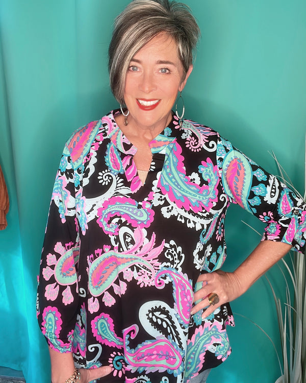 Black Bright Multi Paisley 3/4 Button Sleeve Wrinkle Free Tunic Top