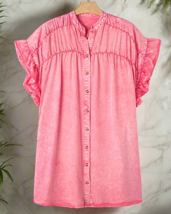 Pink Acid Mineral Wash Button Front Short Cap Sleeve Dress