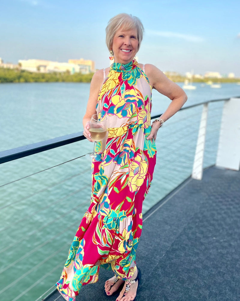 Pink Magenta, Turquoise Tropical Floral Print on Tan Halter Neck Sleeveless Maxi Sundress