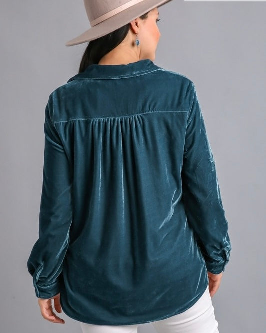 Teal Blue Button Down Long Sleeve Chest Pocket Collared Velvet Top