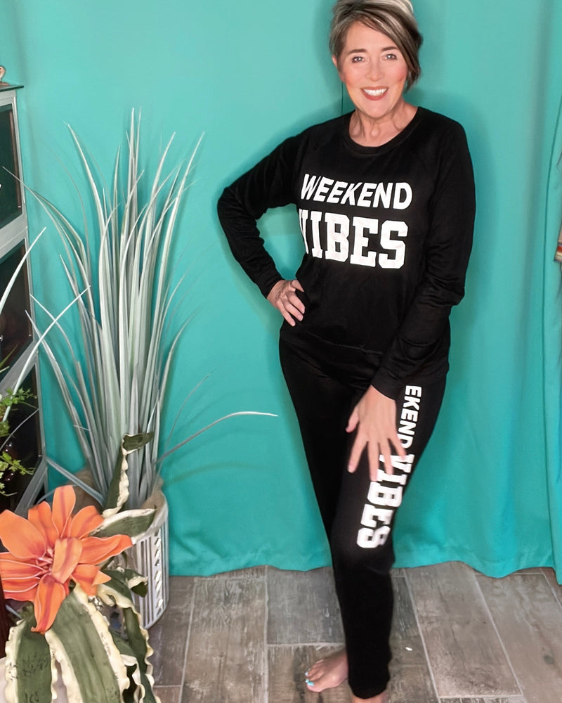 Black "Weekend Vibes" 2 Pc Drawstring Sweatshirt Pant Lounge Set