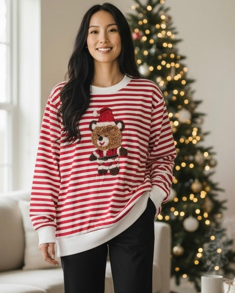 Red & White Striped Christmas Bear Pullover Sweatshirt Top