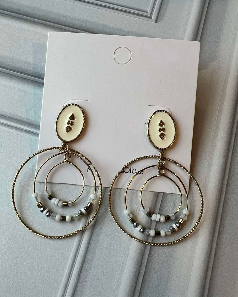 Triple Hoop White Bead Circle Drop Heart Earrings