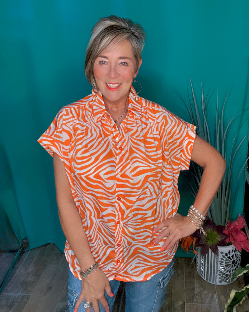 Orange & White Tiger Zebra Print Blissful Break Button Up Short Sleeve Top