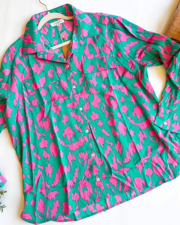 Plus Size Green & Pink Leopard Animal Print Button Down Long Sleeve Top