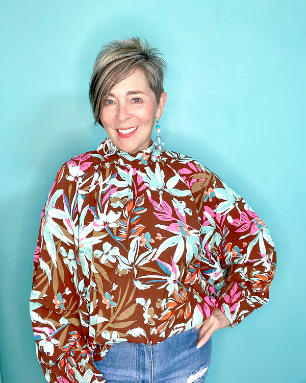 Mocha Brown or White Tropical Print Long Sleeve Challis Mock Neck Blouse