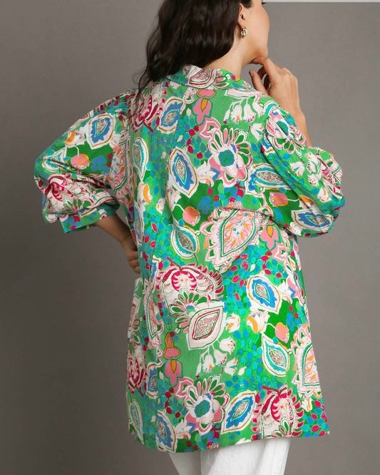 Green Pink Multicolor Paisley Floral Mix Print A-Line Swing Button Down 3/4 Sleeve Tunic Top Dress