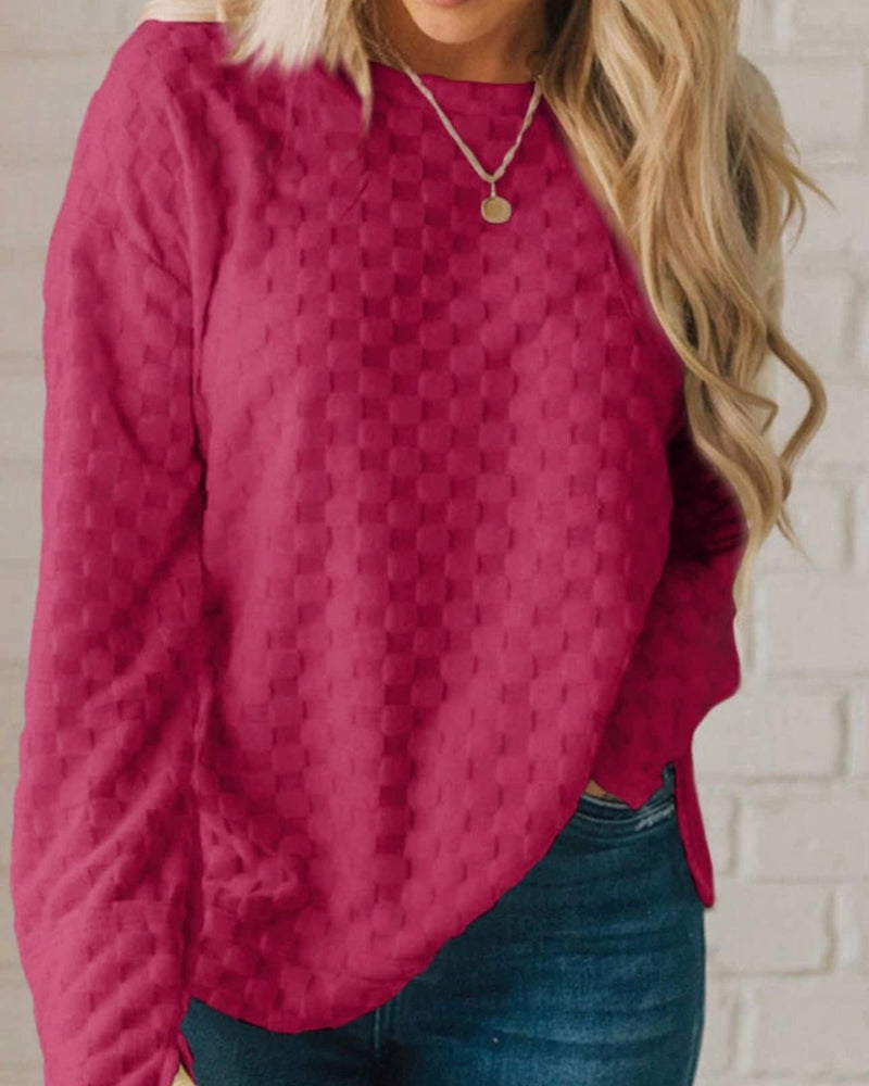 Magenta Pink Checkered Print Long Sleeve Pullover Top