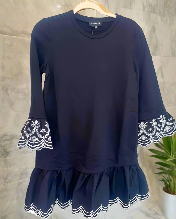 Solid Black with White Stitch Detail Long Ruffle Sleeve Round Neck Ruffle Hem Dress