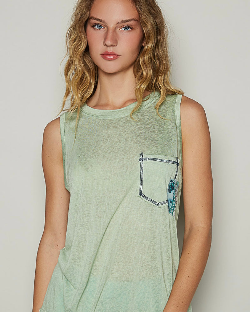 Solid Sage Green Boho Sleeveless Tank Front Pocket Tshirt Top